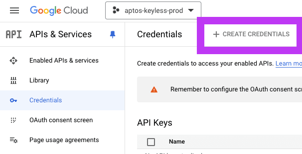 Google create credentials screenshot